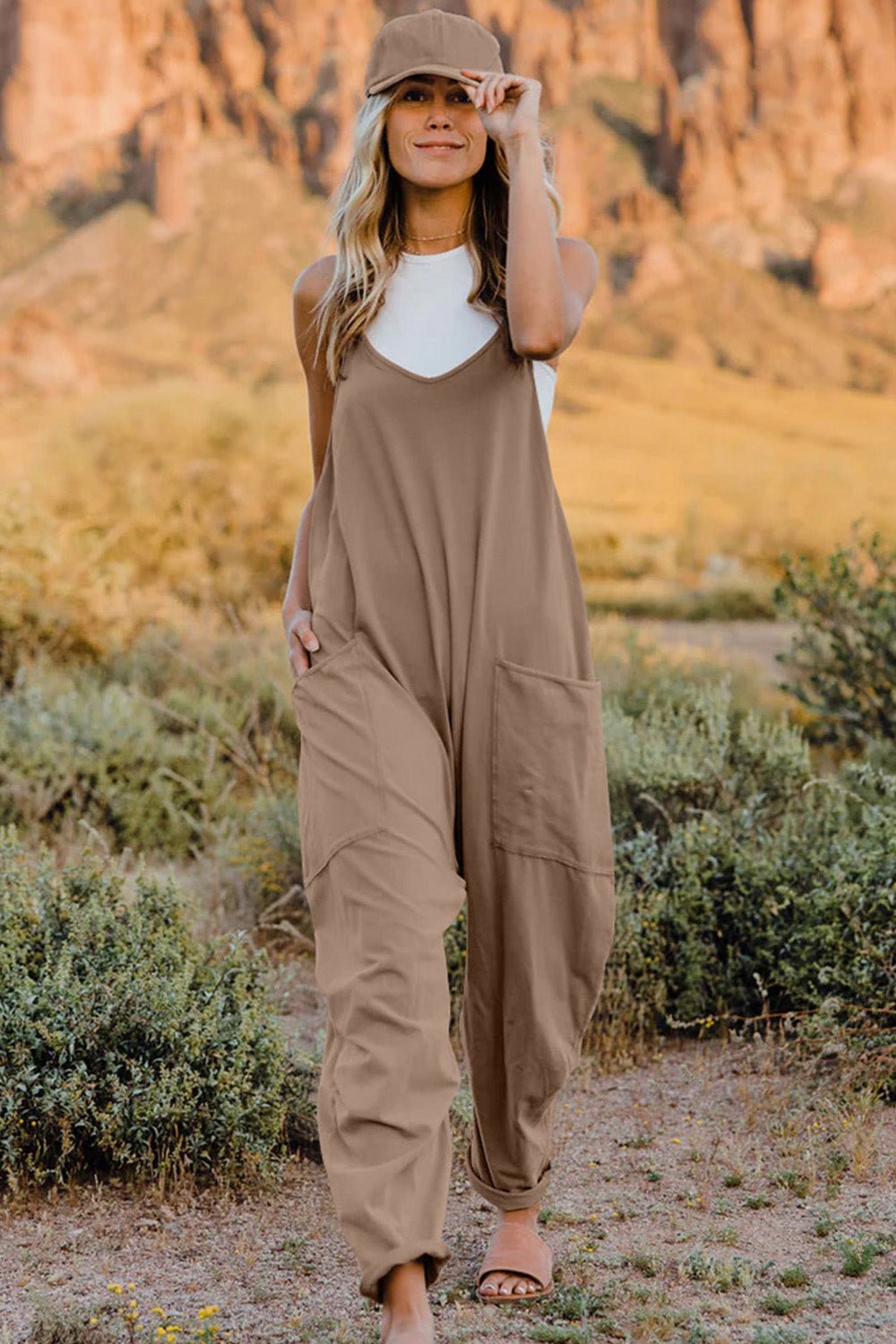 Double Take Full Size V-Neck Sleeveless Jumpsuit with Pockets - PVMARK