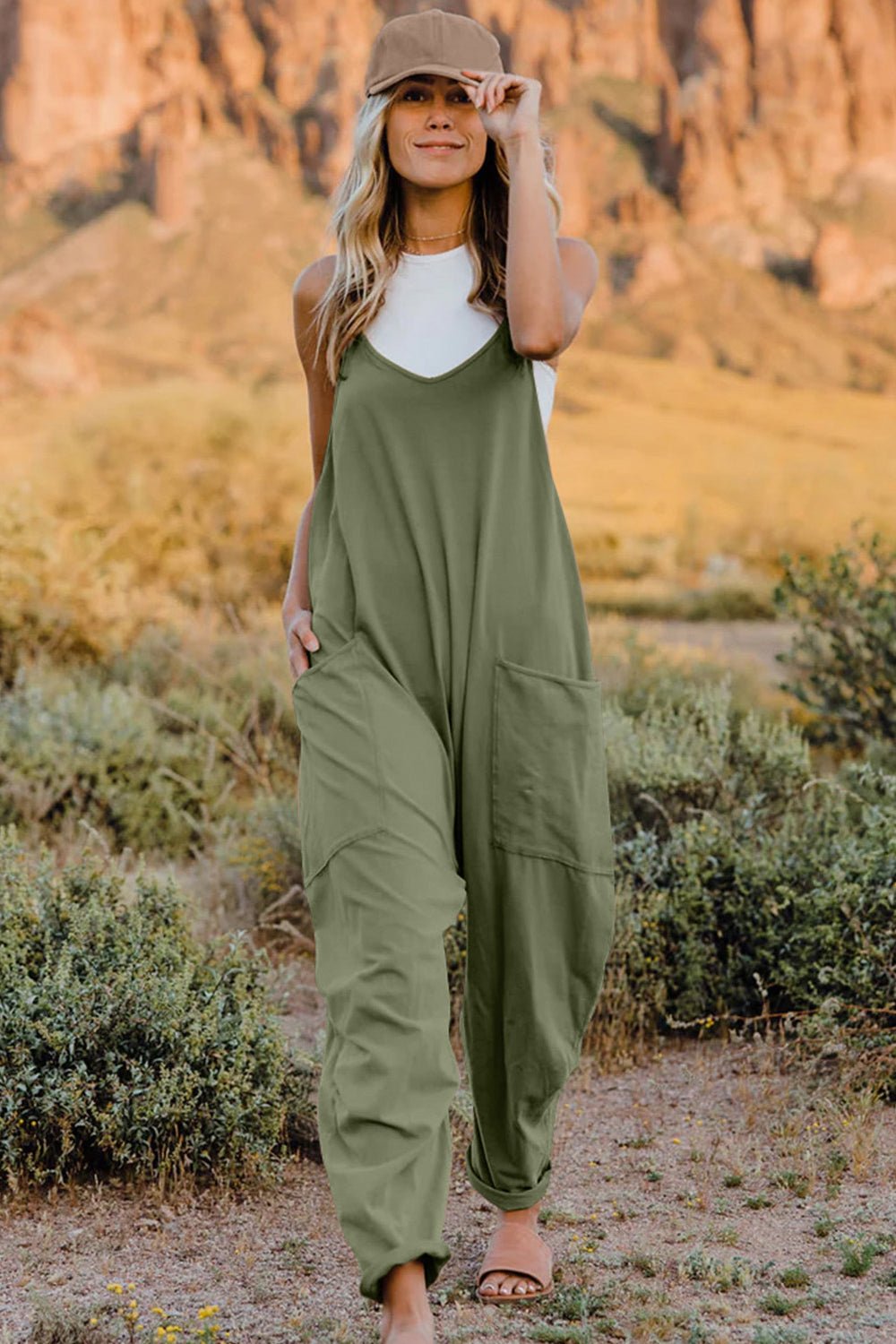 Double Take Full Size V-Neck Sleeveless Jumpsuit with Pockets - PVMARK