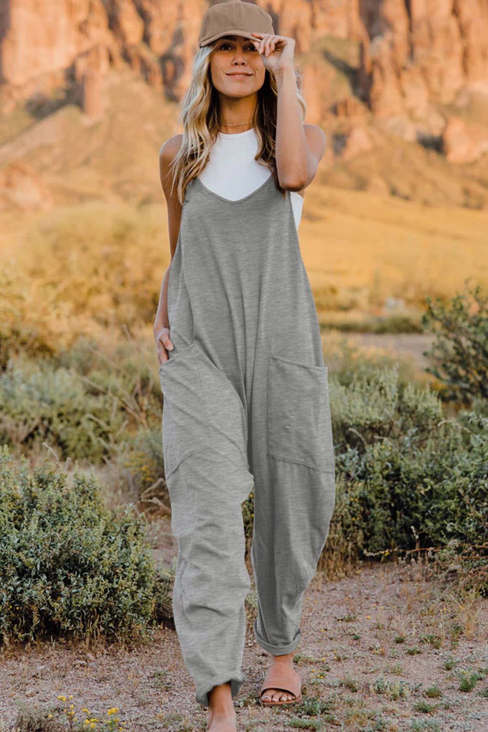 Double Take Full Size V-Neck Sleeveless Jumpsuit with Pockets - PVMARK