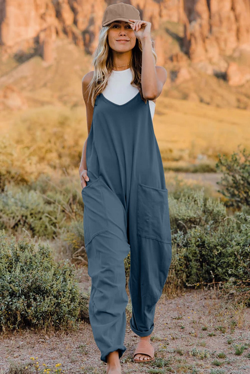 Double Take Full Size V-Neck Sleeveless Jumpsuit with Pockets - PVMARK