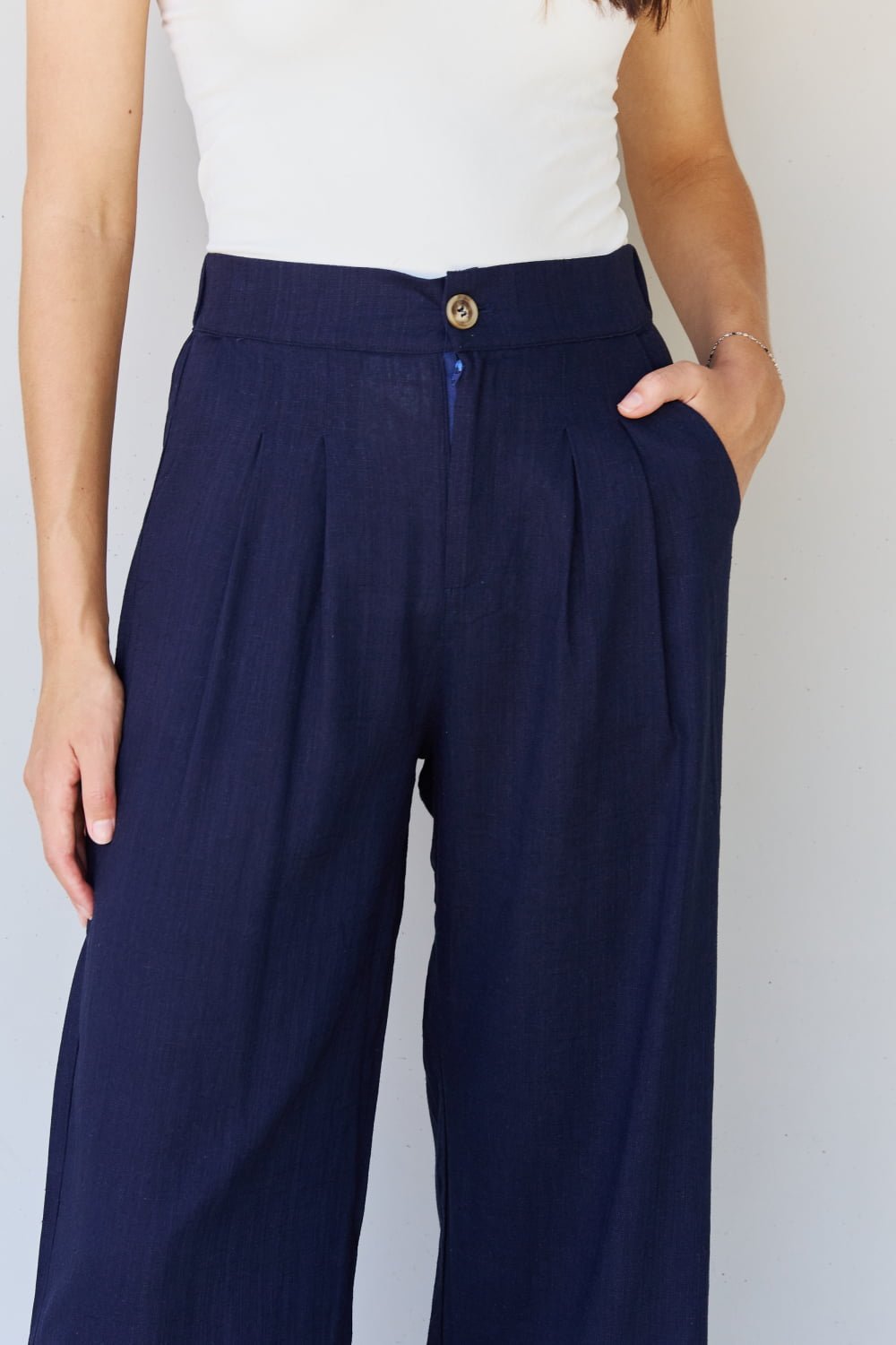 And The Why In The Mix Full Size Pleated Detail Linen Pants in Dark Navy - pvmark