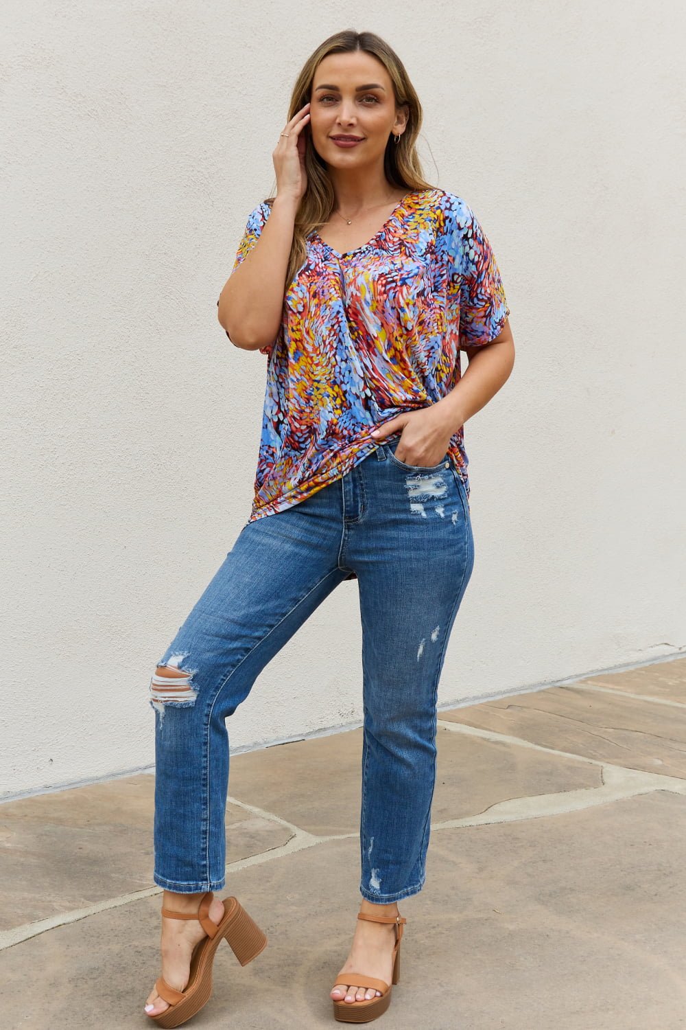 Be Stage Full Size Printed Dolman Flowy Top - pvmark