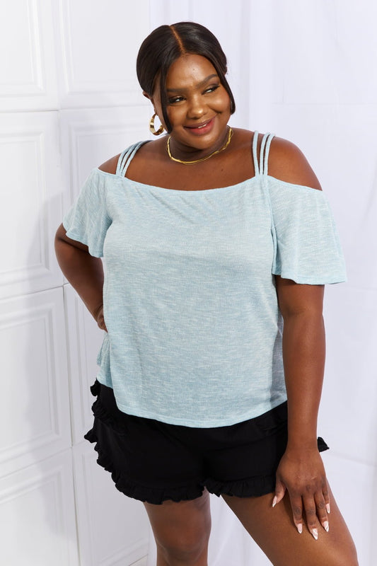 Culture Code On The Move Full Size Off The Shoulder Flare Sleeve Top in Ice Blue - pvmark