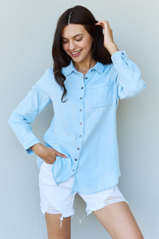 Doublju Blue Jean Baby Denim Button Down Shirt Top in Light Blue - pvmark