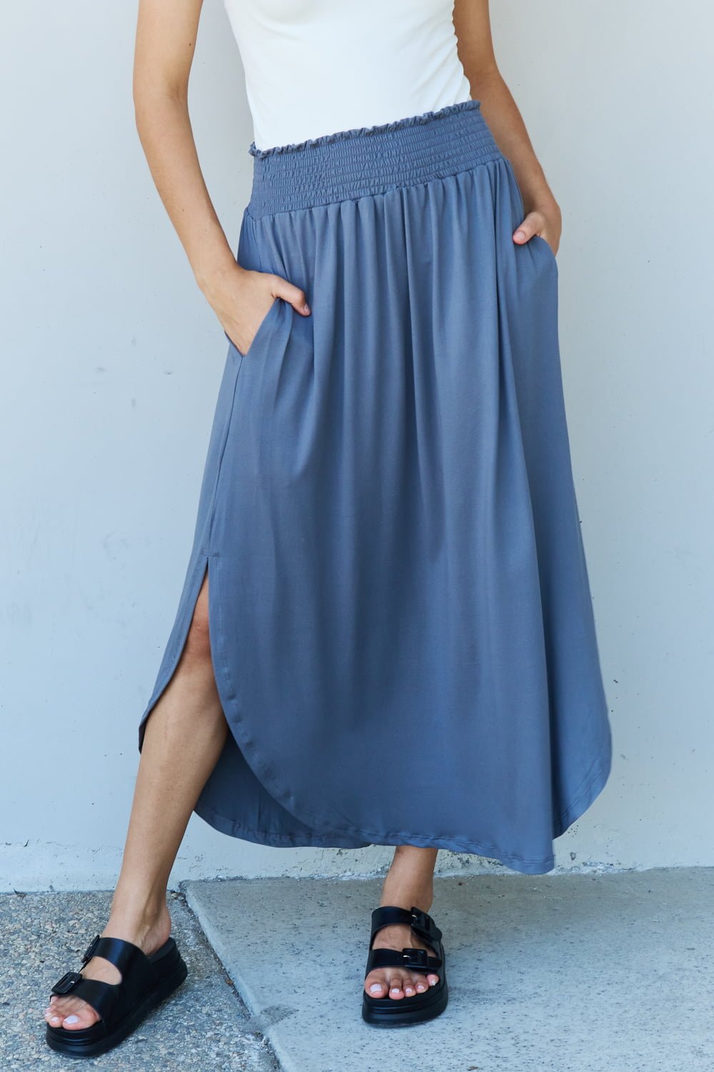 Doublju Comfort Princess Full Size High Waist Scoop Hem Maxi Skirt in Dusty Blue - pvmark