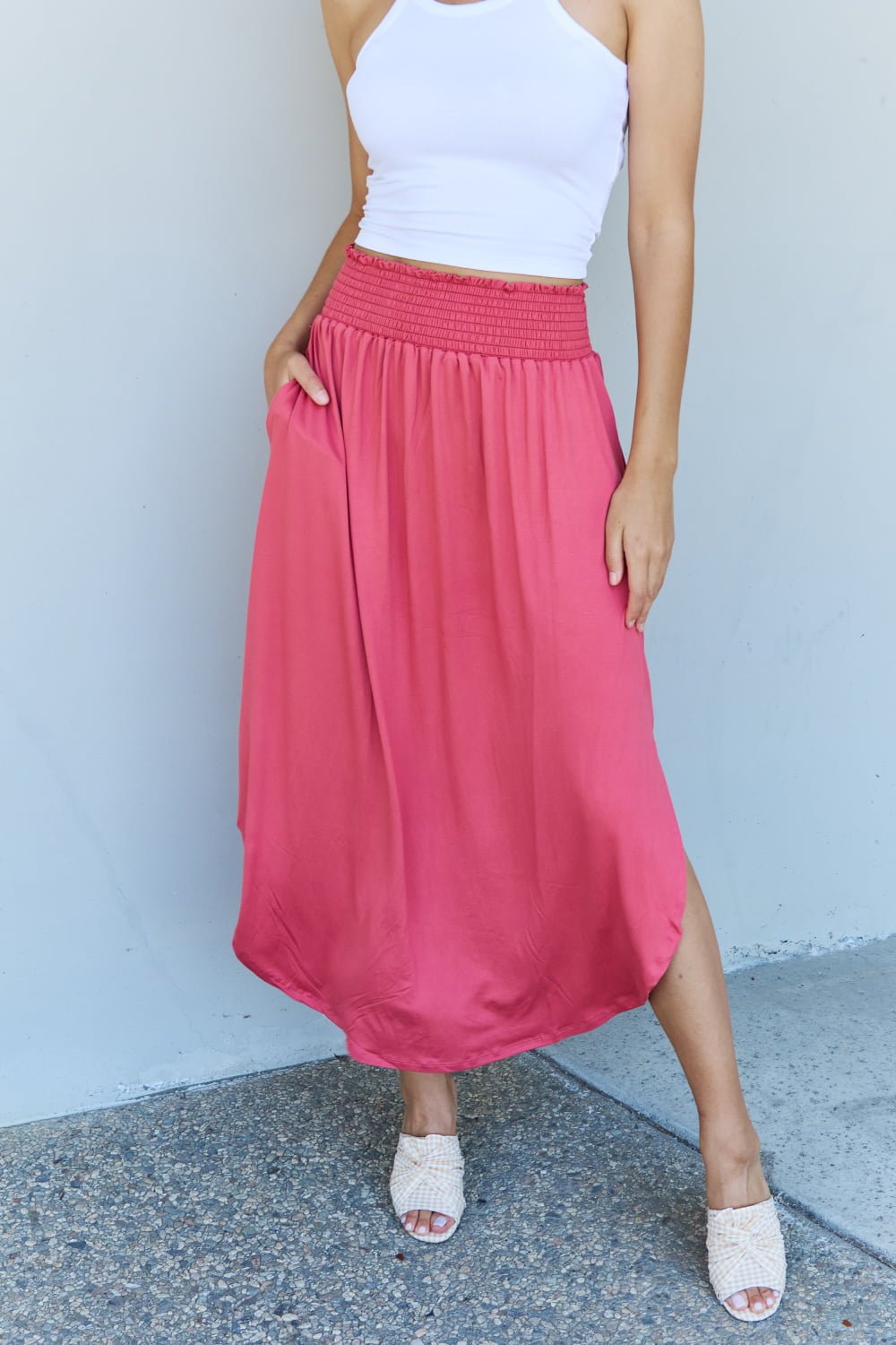 Doublju Comfort Princess Full Size High Waist Scoop Hem Maxi Skirt in Hot Pink - pvmark
