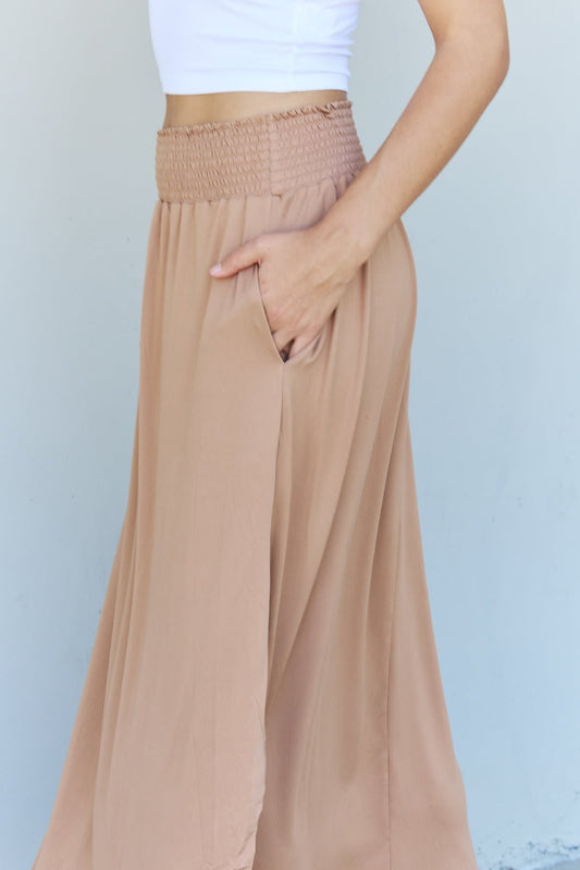 Doublju Comfort Princess Full Size High Waist Scoop Hem Maxi Skirt in Tan - pvmark
