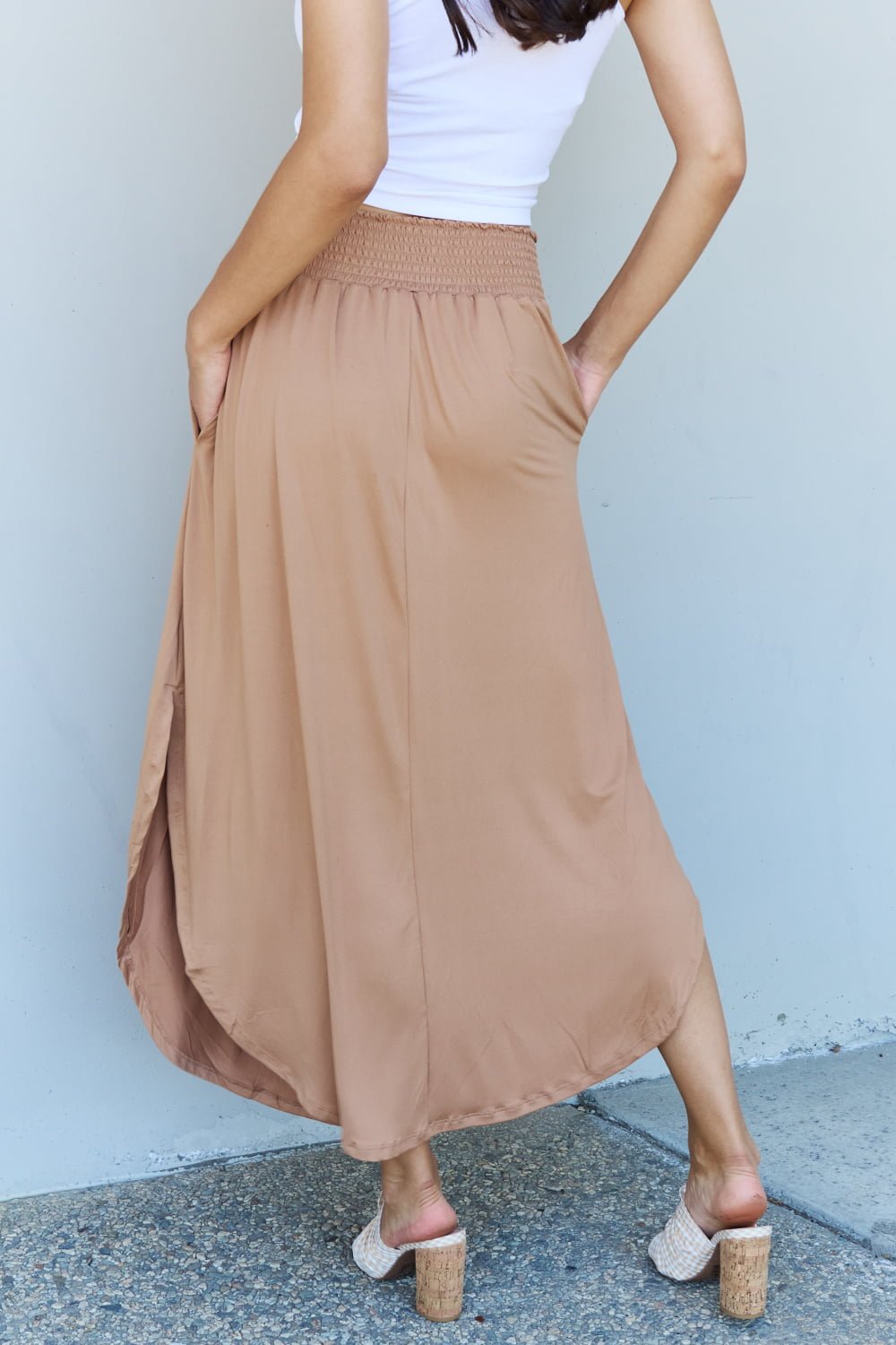 Doublju Comfort Princess Full Size High Waist Scoop Hem Maxi Skirt in Tan - pvmark