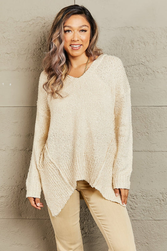 Heimish By The Fire Full Size Draped Detail Knit Sweater - pvmark
