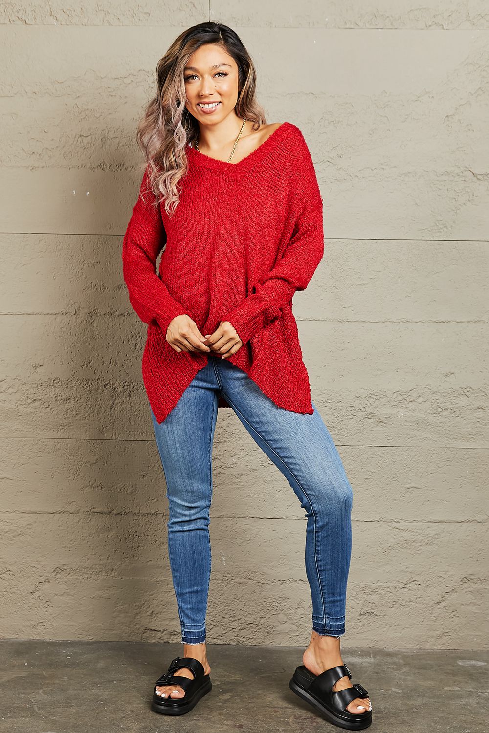Heimish By The Fire Full Size Draped Detail Knit Sweater - pvmark