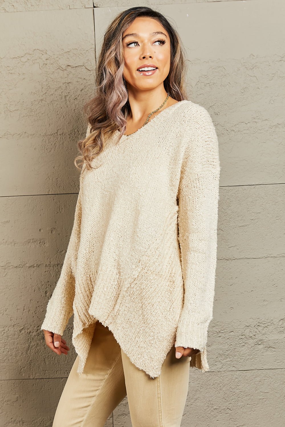 Heimish By The Fire Full Size Draped Detail Knit Sweater - pvmark