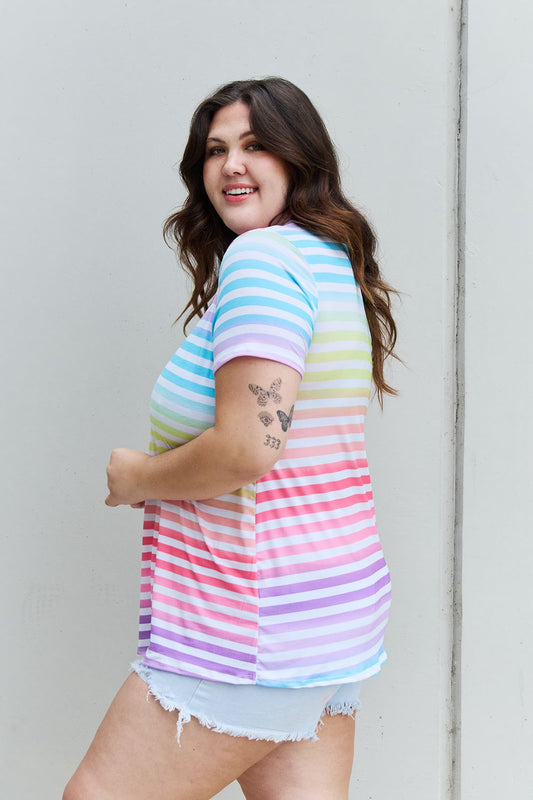 Heimish Out And Proud Full Size Multicolored Striped V-Neck Short Sleeve Top - pvmark