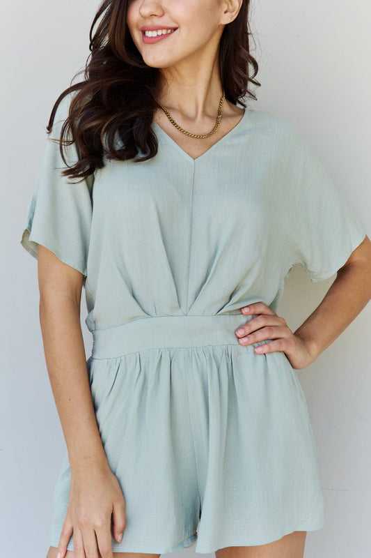 HEYSON Easy Going Front Pleated Romper in Cool Matcha - pvmark