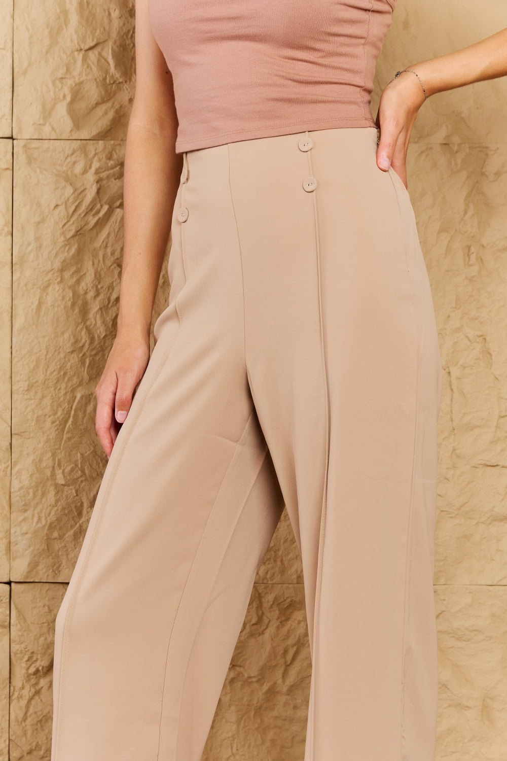 HYFVE Pretty Pleased High Waist Pintuck Straight Leg Pants in Camel - pvmark