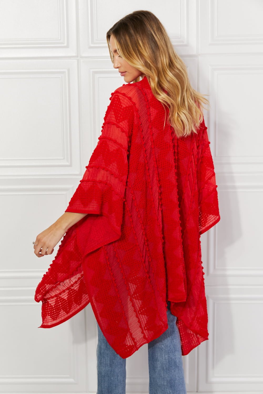 Justin Taylor Pom-Pom Asymmetrical Poncho Cardigan in Red - pvmark