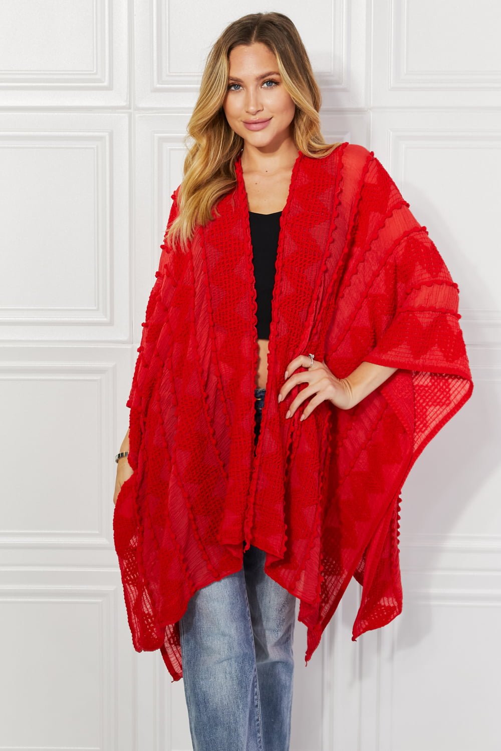 Justin Taylor Pom-Pom Asymmetrical Poncho Cardigan in Red - pvmark