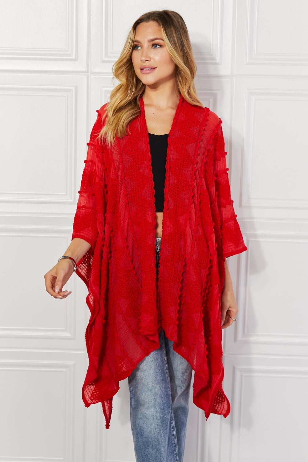 Justin Taylor Pom-Pom Asymmetrical Poncho Cardigan in Red - pvmark