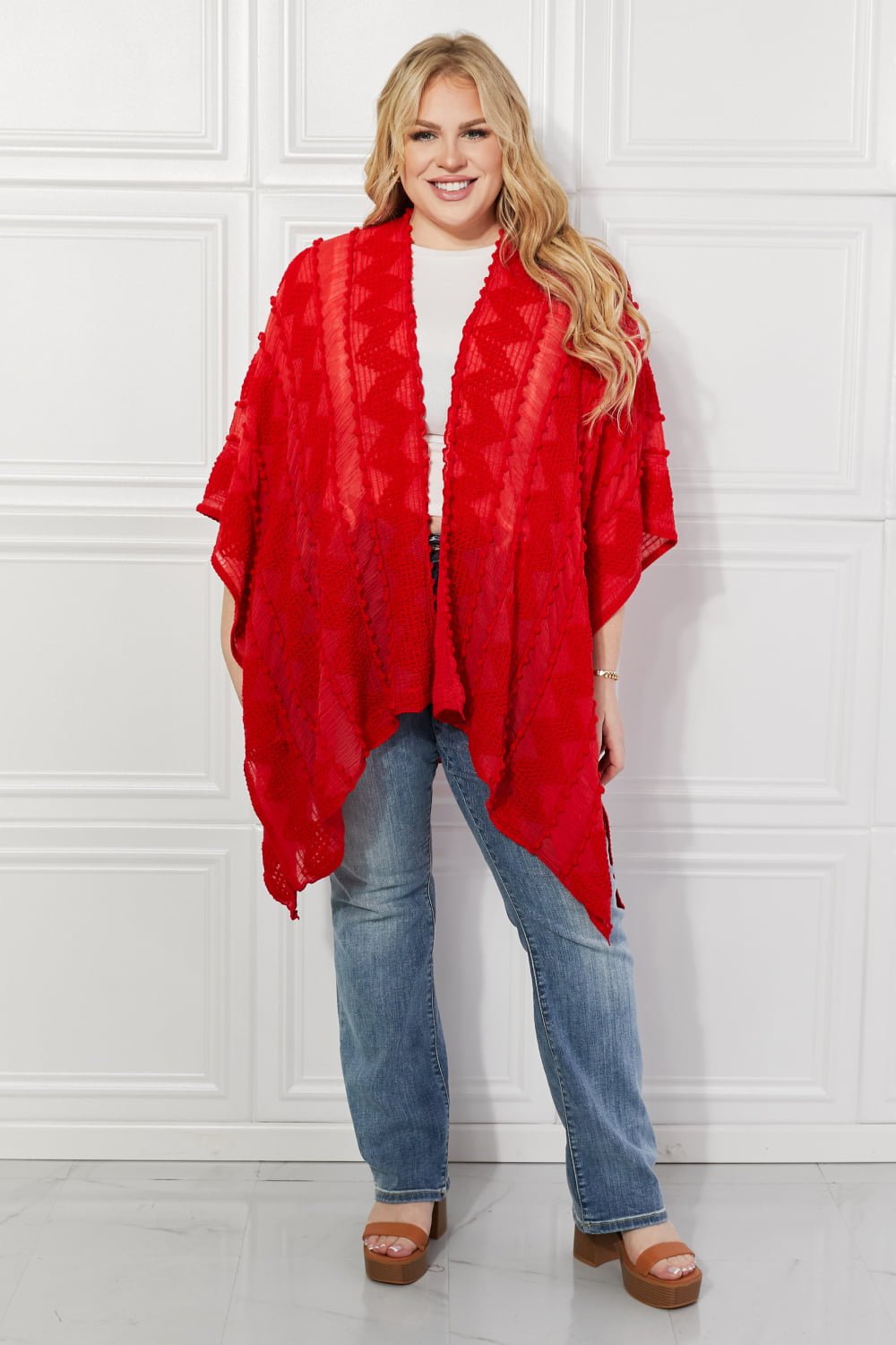 Justin Taylor Pom-Pom Asymmetrical Poncho Cardigan in Red - pvmark