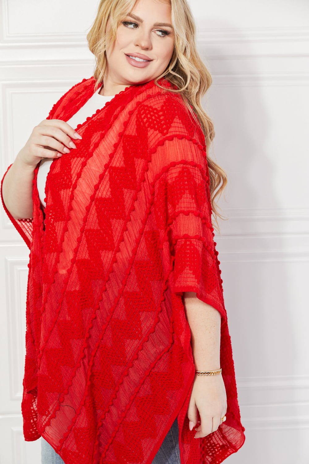 Justin Taylor Pom-Pom Asymmetrical Poncho Cardigan in Red - pvmark