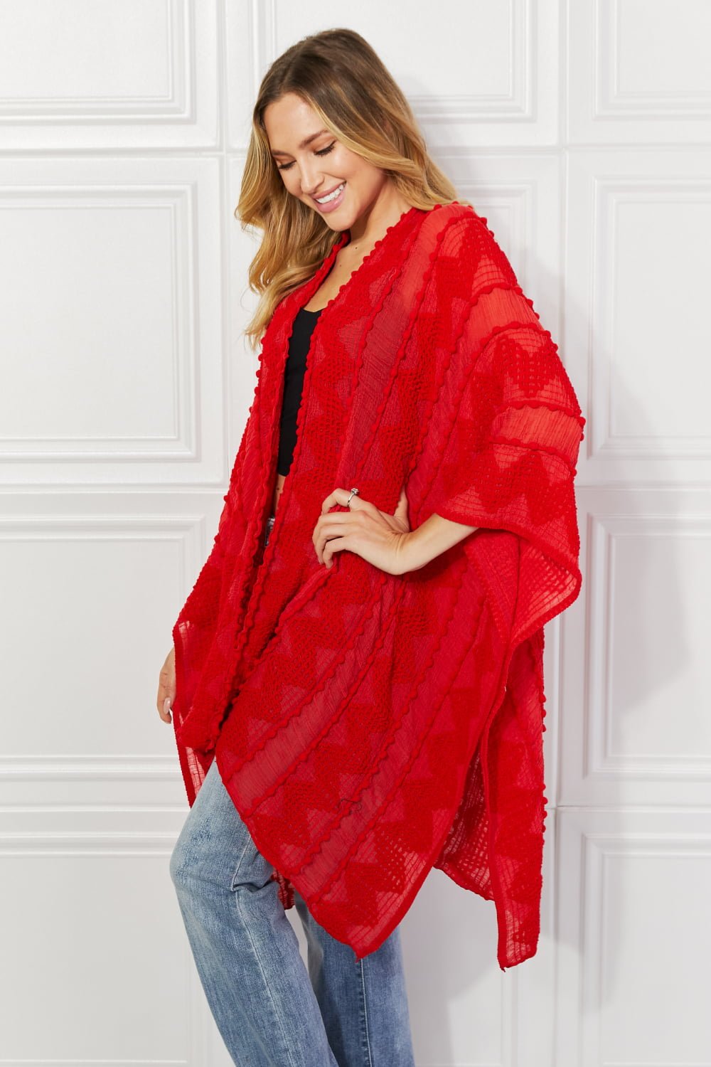 Justin Taylor Pom-Pom Asymmetrical Poncho Cardigan in Red - pvmark