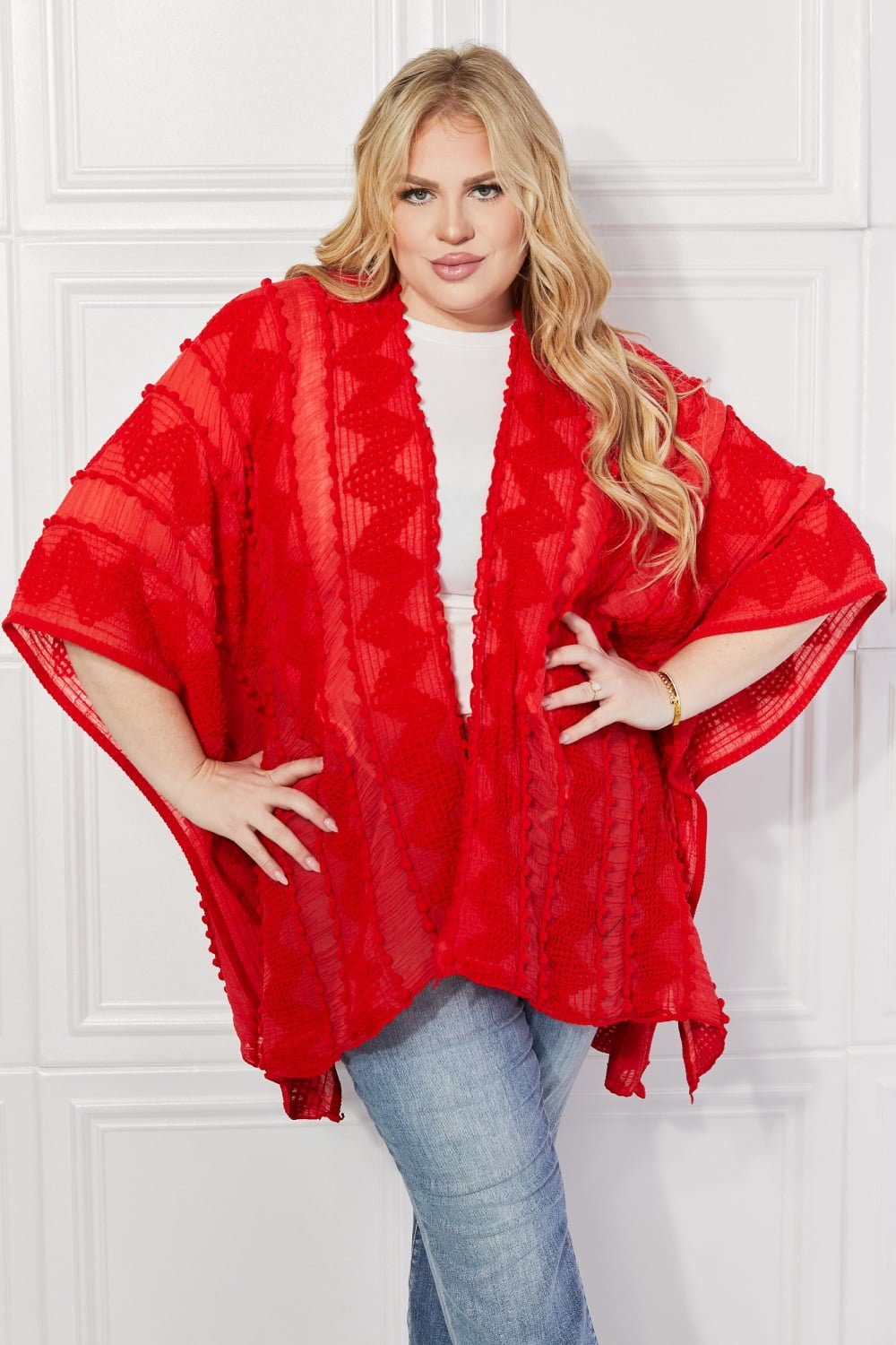 Justin Taylor Pom-Pom Asymmetrical Poncho Cardigan in Red - pvmark