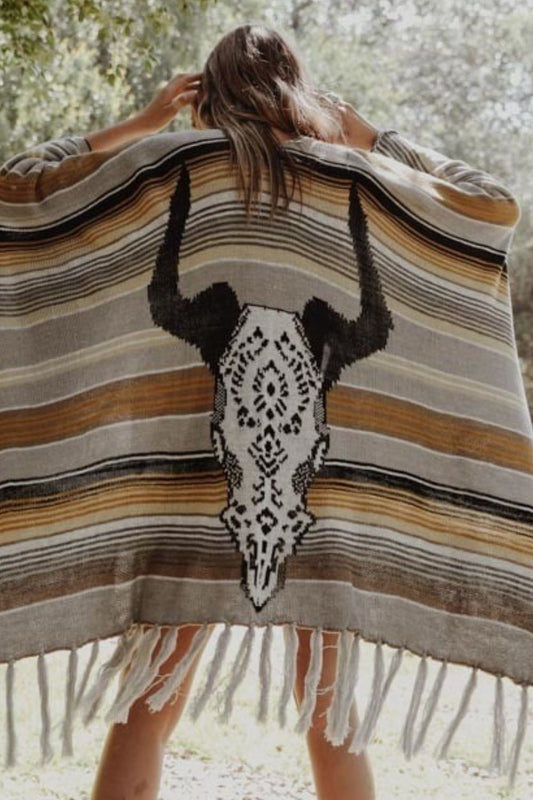 Leto Desert Wanderer Cow Skull Striped Poncho - pvmark