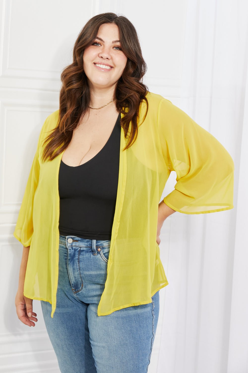 Melody Just Breathe Full Size Chiffon Kimono in Yellow - pvmark