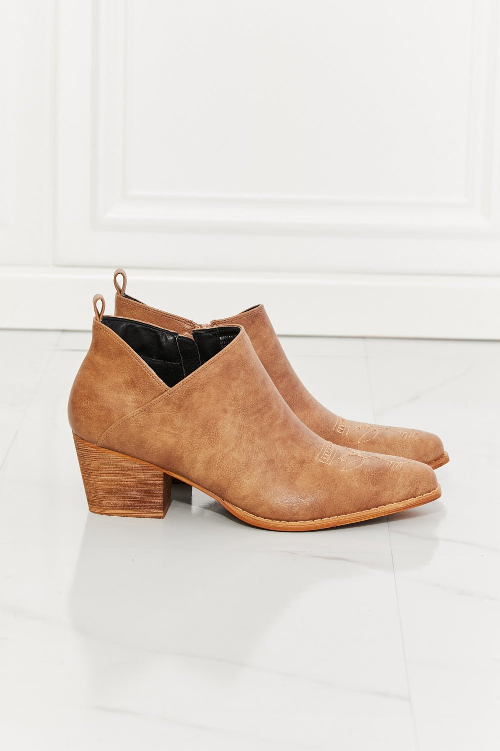MMShoes Trust Yourself Embroidered Crossover Cowboy Bootie in Caramel - pvmark