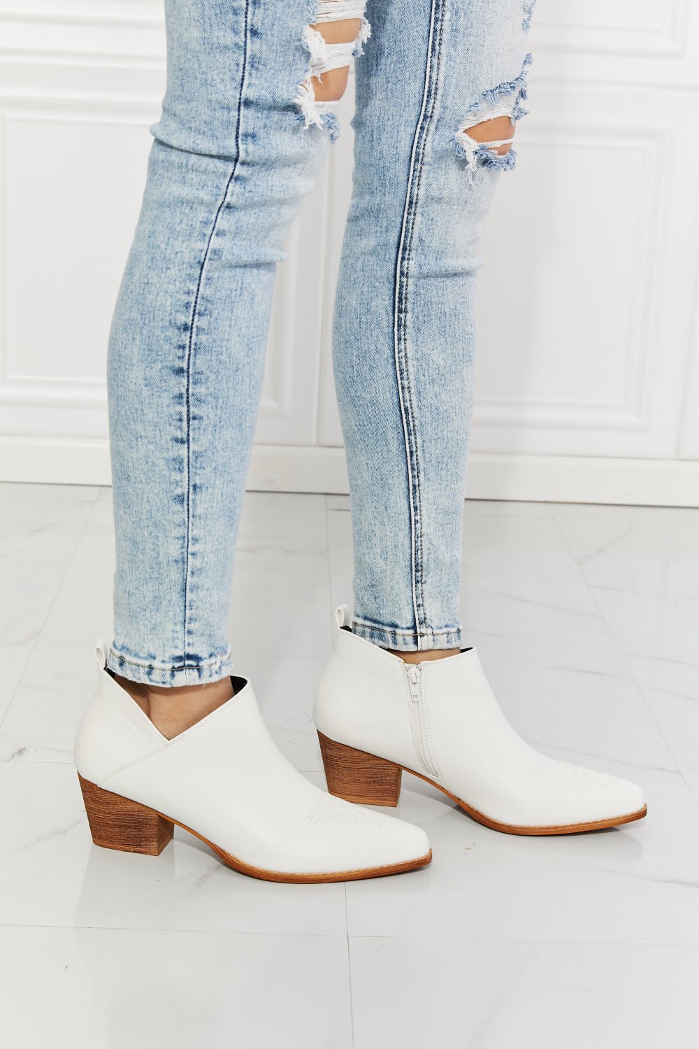 MMShoes Trust Yourself Embroidered Crossover Cowboy Bootie in White - pvmark