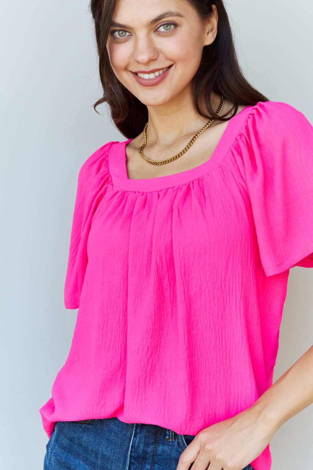 Ninexis Keep Me Close Square Neck Short Sleeve Blouse in Fuchsia - pvmark