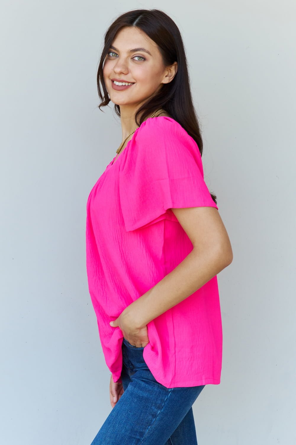 Ninexis Keep Me Close Square Neck Short Sleeve Blouse in Fuchsia - pvmark