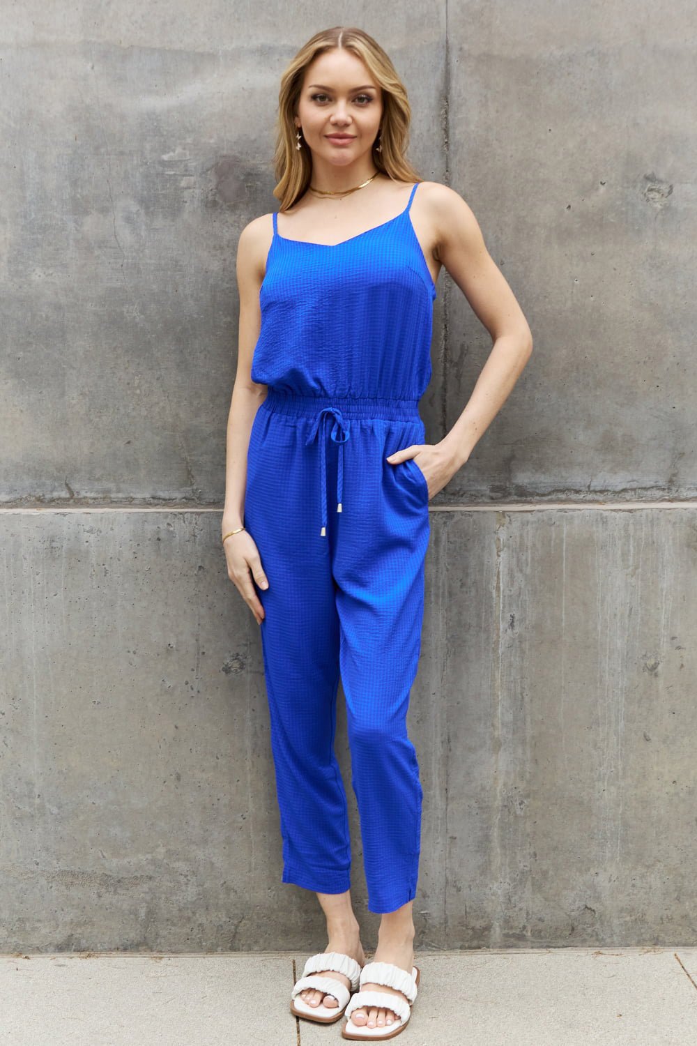 ODDI Full Size Textured Woven Jumpsuit in Royal Blue - pvmark