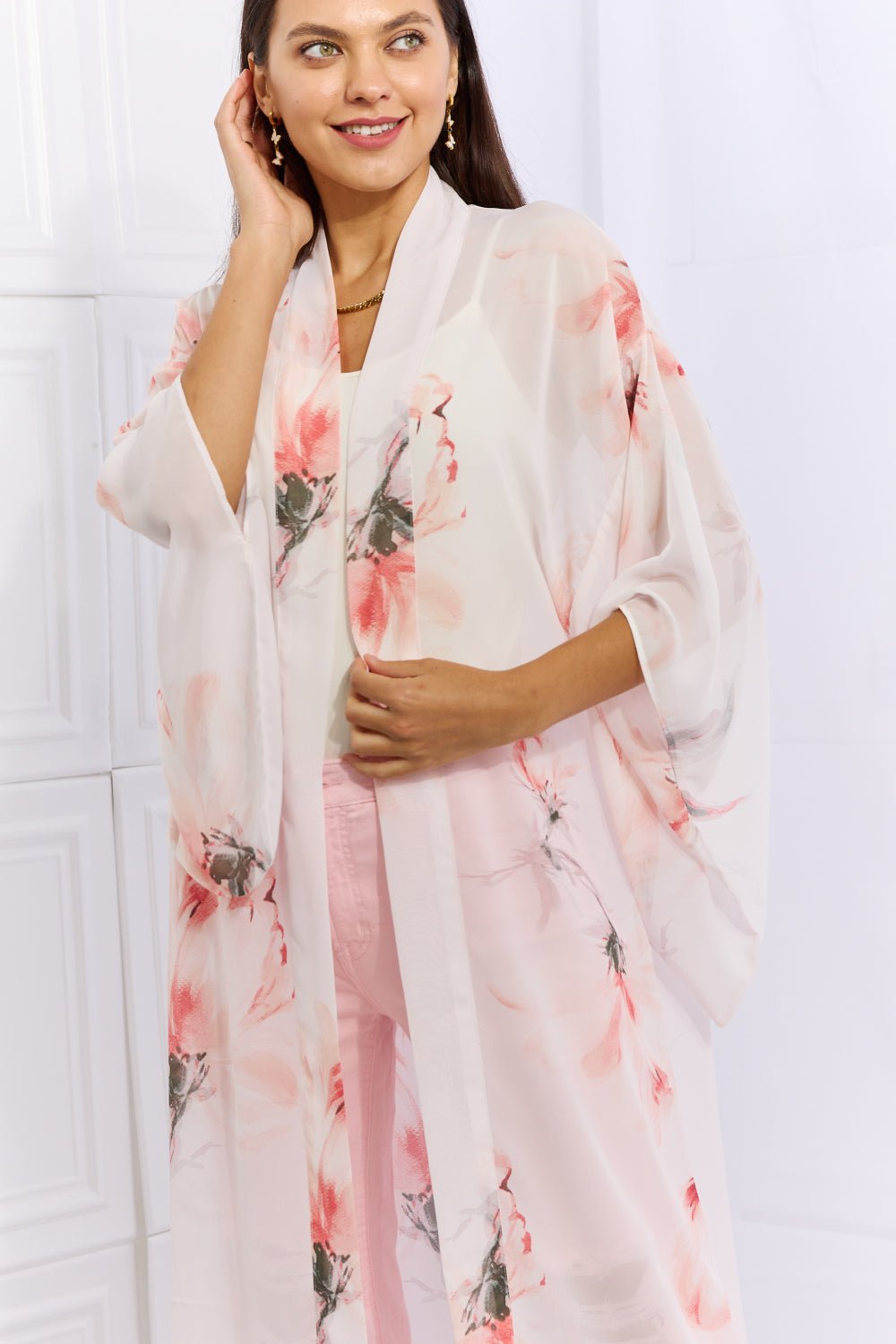 OneTheLand Pick Me Floral Chiffon Kimono Cardigan - pvmark