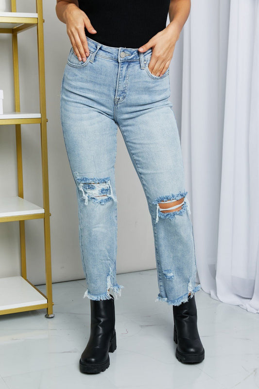 RISEN Full Size Distressed Fringe Hem Cropped Jeans - pvmark