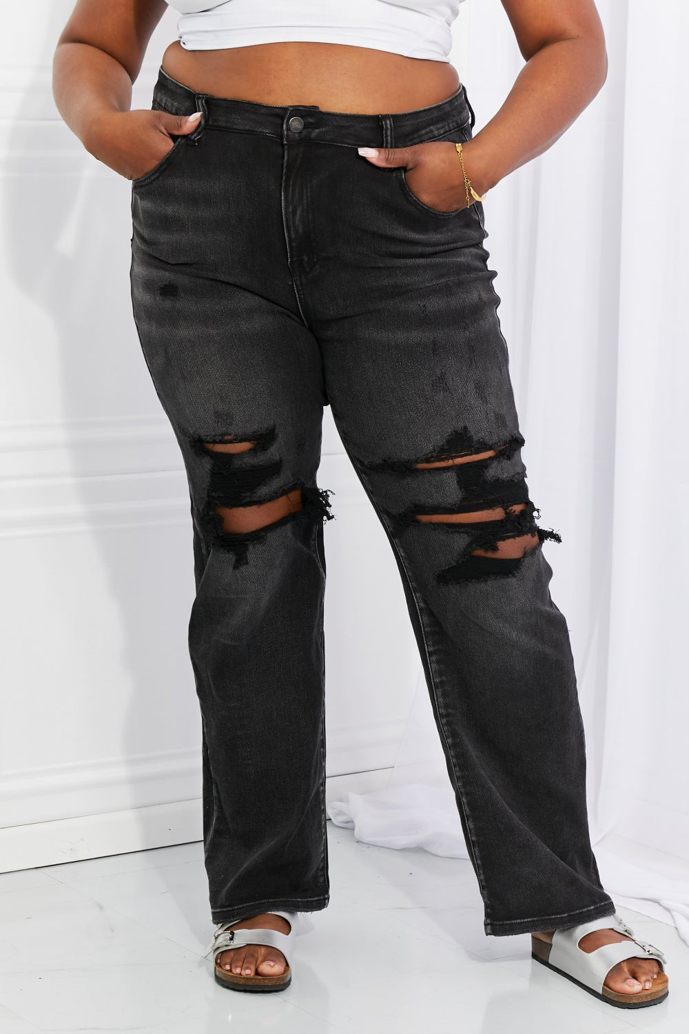 RISEN Full Size Lois Distressed Loose Fit Jeans - pvmark