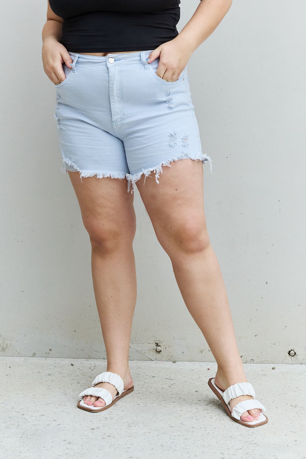 RISEN Katie Full Size High Waisted Distressed Shorts in Ice Blue - pvmark
