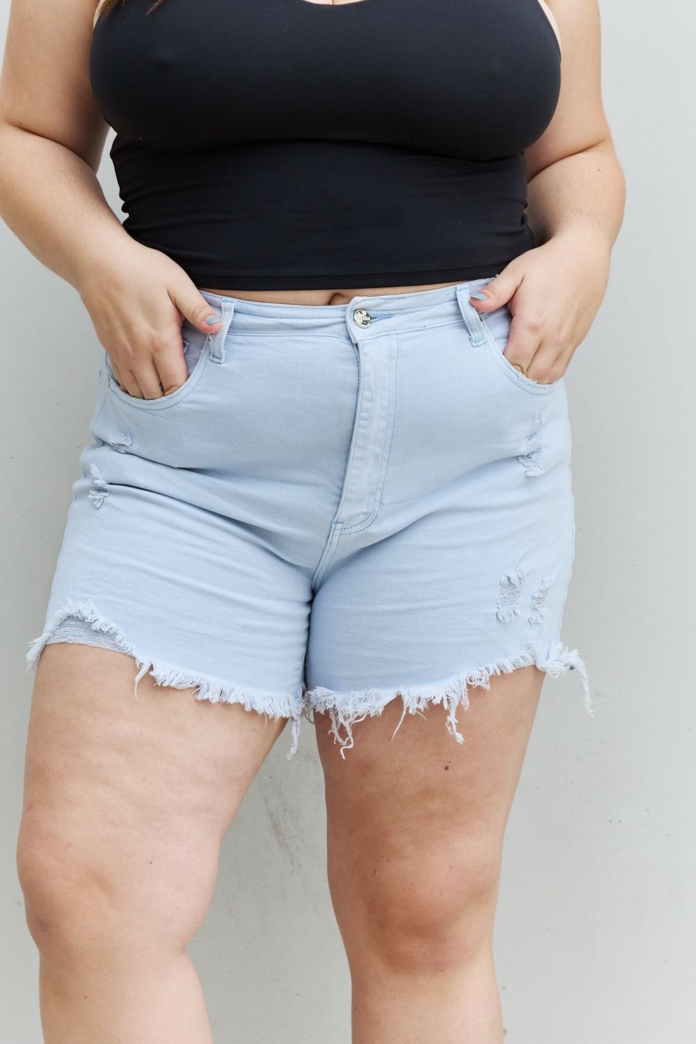 RISEN Katie Full Size High Waisted Distressed Shorts in Ice Blue - pvmark