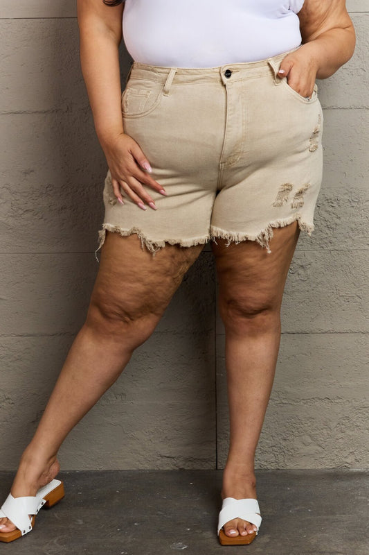 RISEN Katie Full Size High Waisted Distressed Shorts in Sand - pvmark