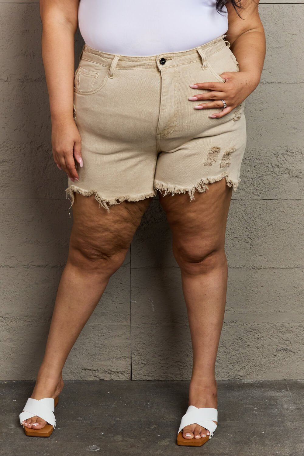 RISEN Katie Full Size High Waisted Distressed Shorts in Sand - pvmark