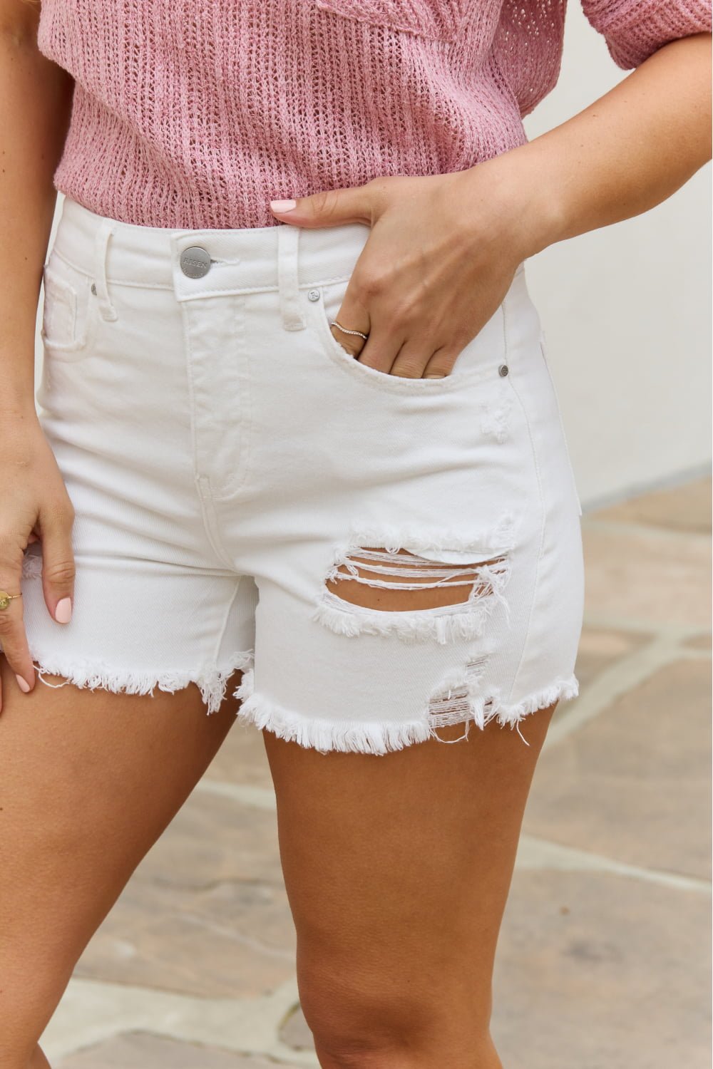 RISEN Lily High Waisted Distressed Shorts - pvmark
