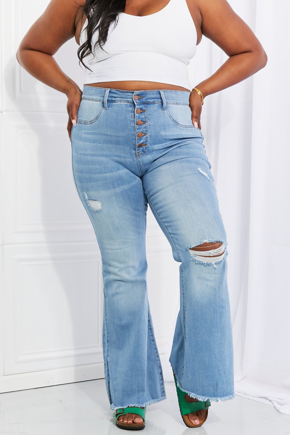 Vibrant MIU Full Size Jess Button Flare Jeans - pvmark