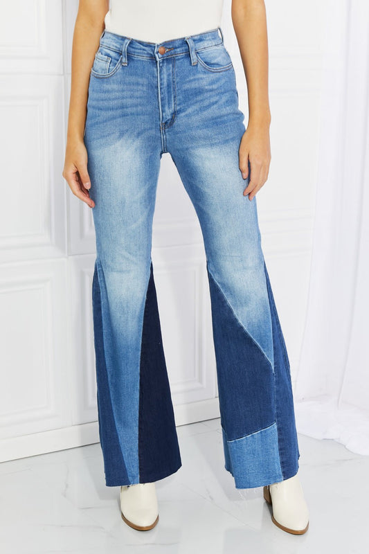 Vibrant Sienna Full Size Color Block Flare Jeans - pvmark