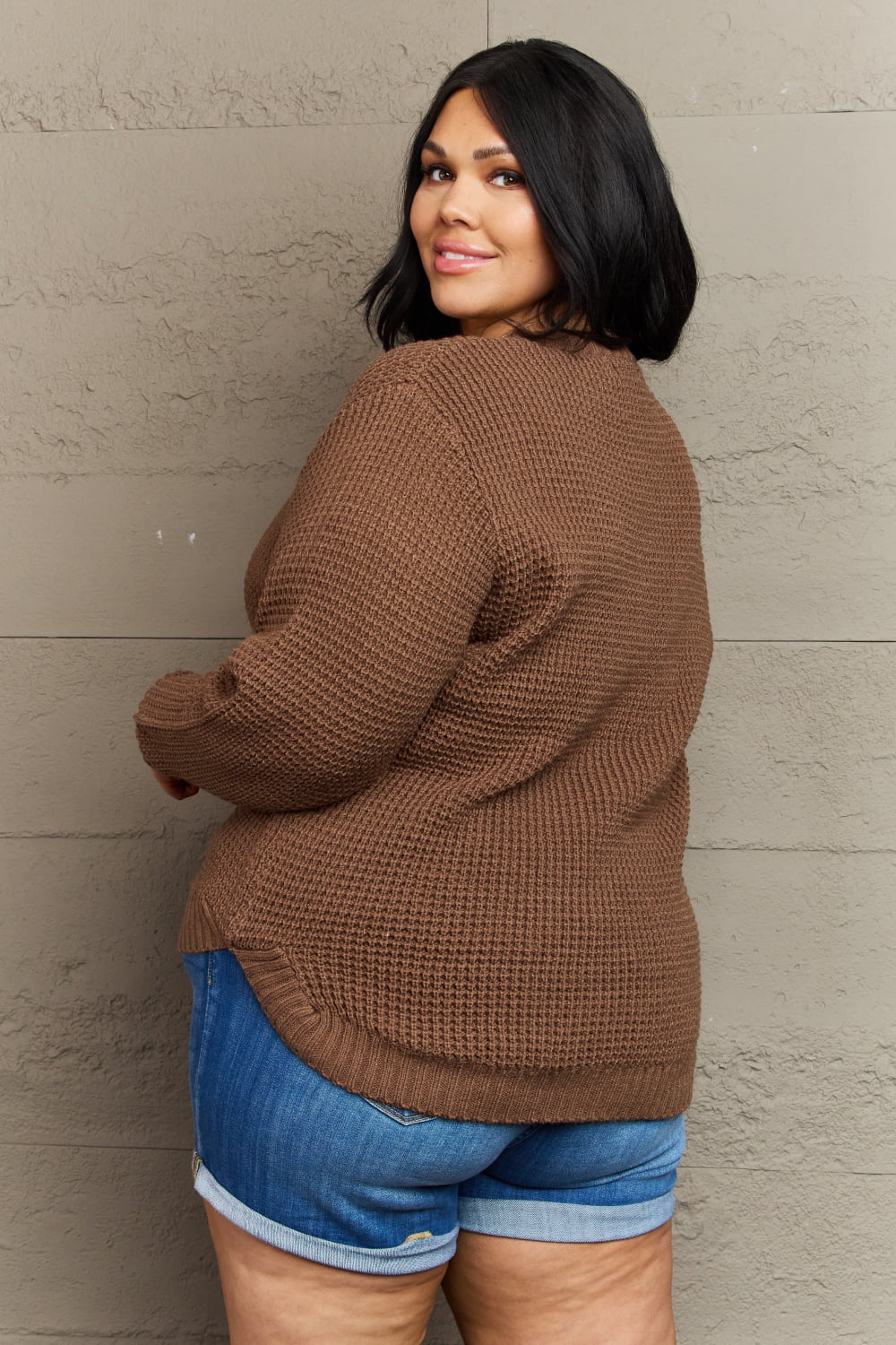 Zenana Breezy Days Plus Size High Low Waffle Knit Sweater - pvmark