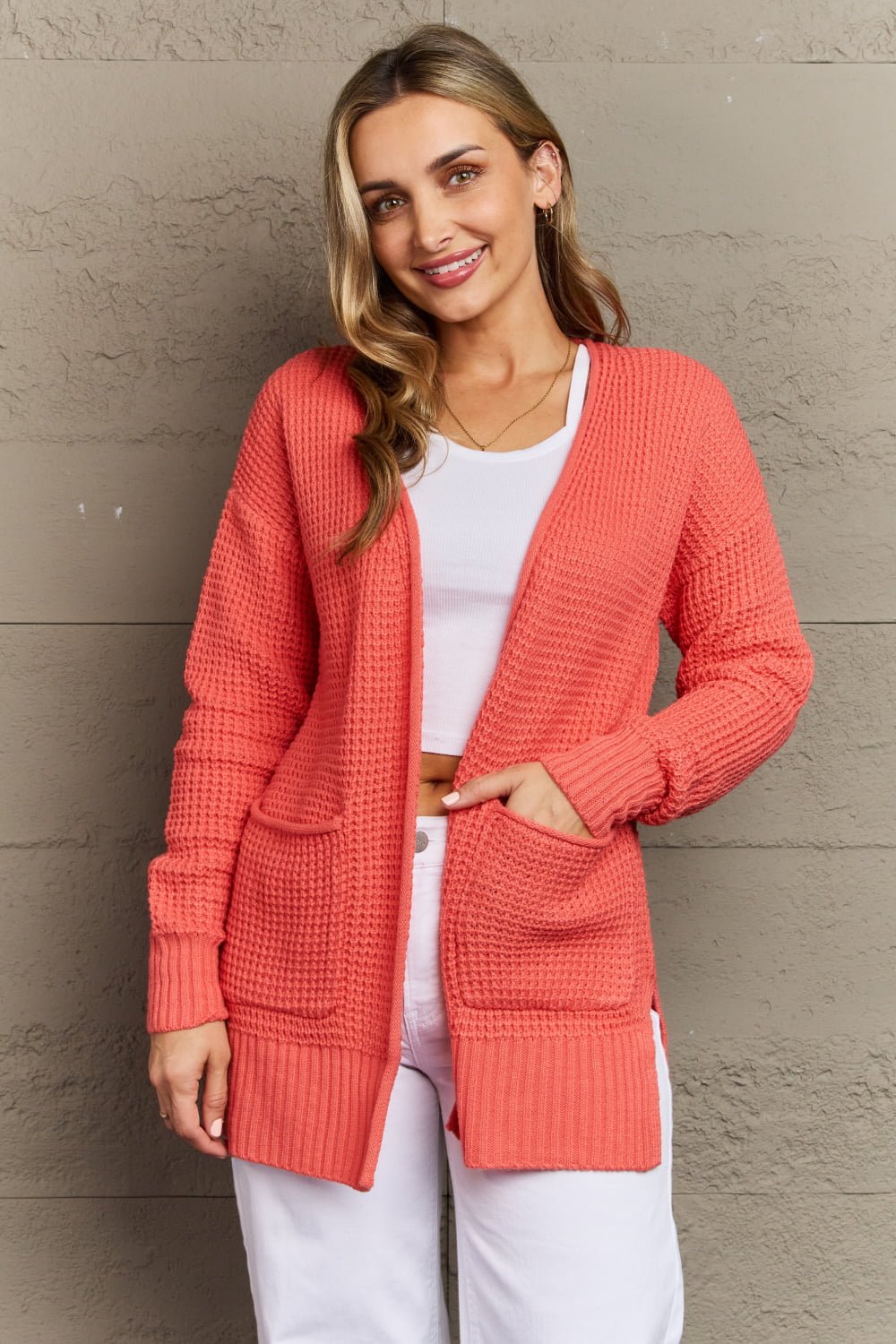 Zenana Bright & Cozy Full Size Waffle Knit Cardigan - pvmark