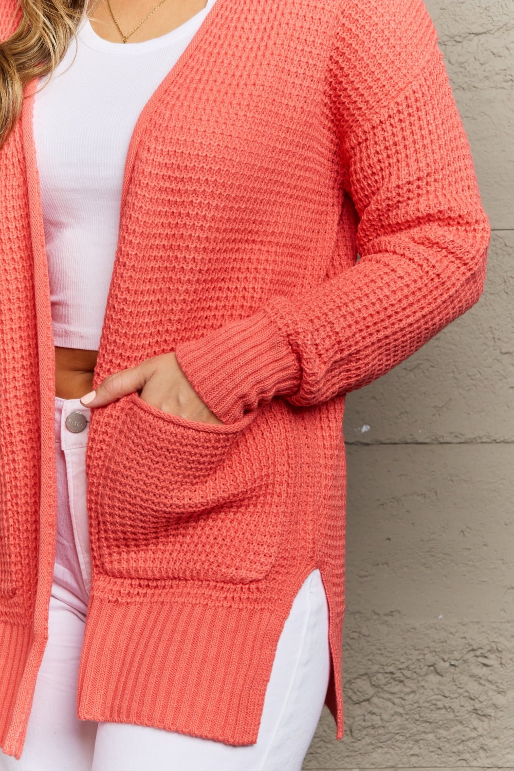 Zenana Bright & Cozy Full Size Waffle Knit Cardigan - pvmark