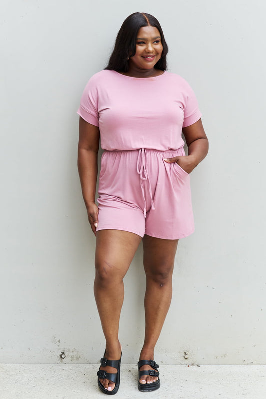 Zenana Chilled Out Full Size Short Sleeve Romper in Light Carnation Pink - pvmark