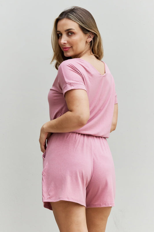 Zenana Chilled Out Full Size Short Sleeve Romper in Light Carnation Pink - pvmark