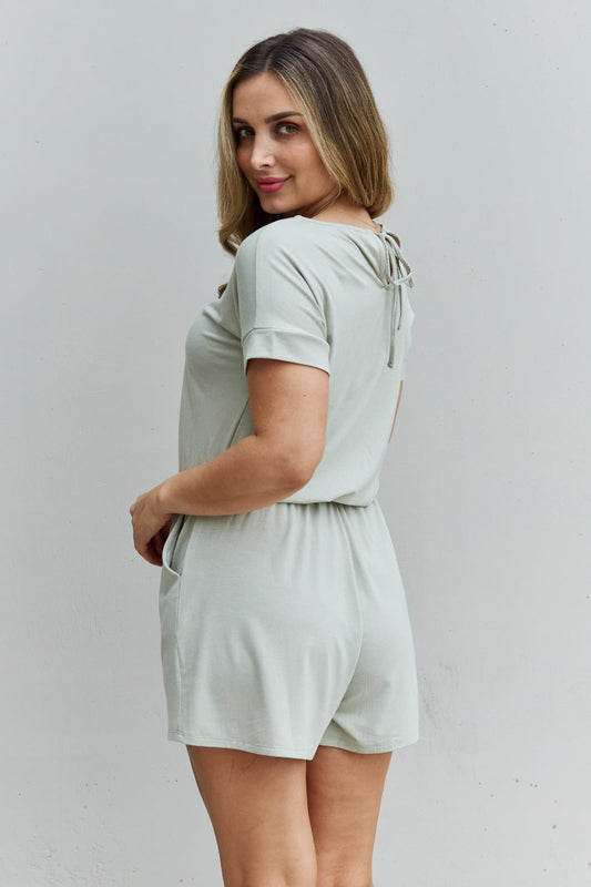 Zenana Chilled Out Full Size Short Sleeve Romper in Light Sage - pvmark
