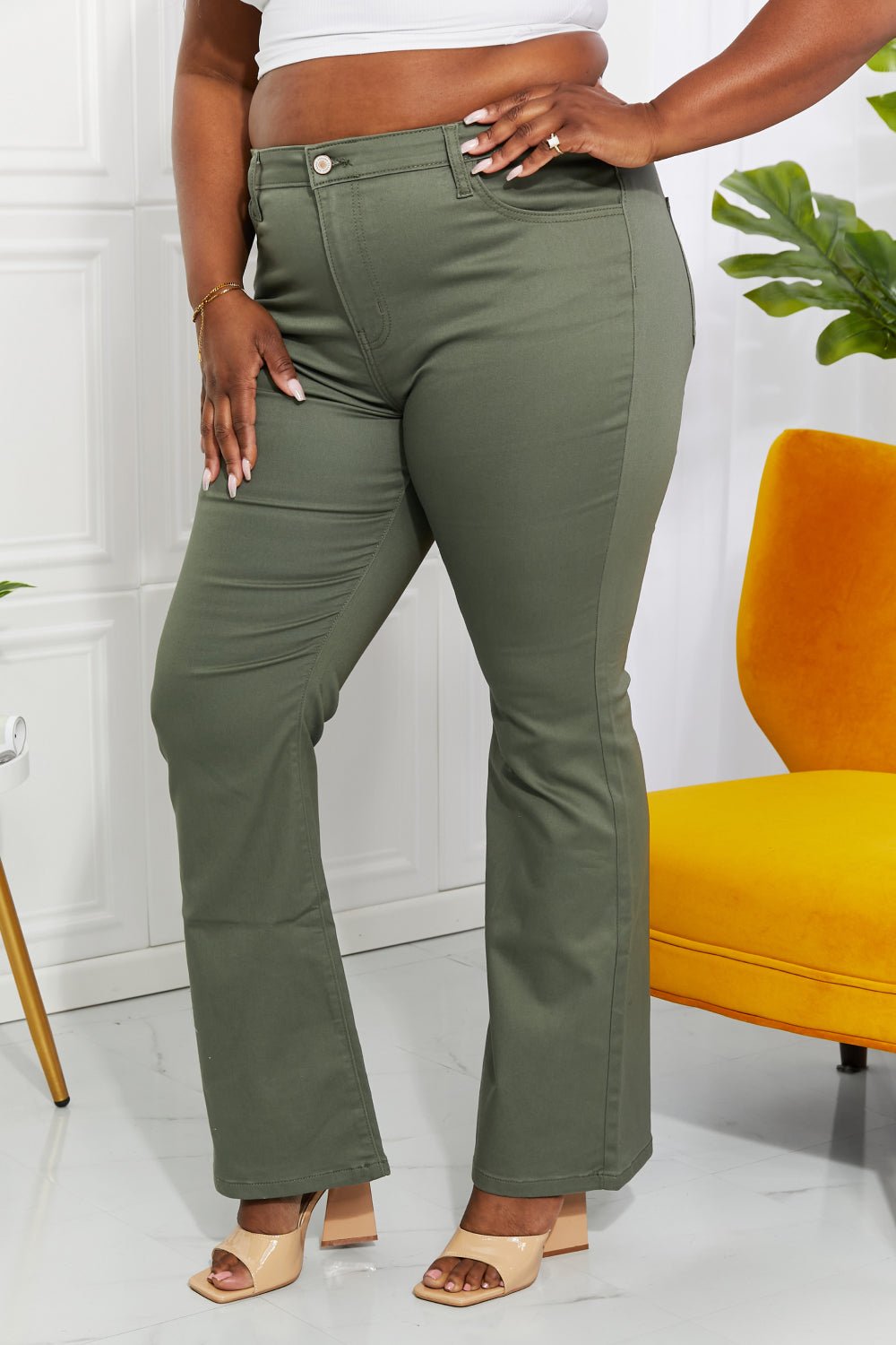 Zenana Clementine Full Size High-Rise Bootcut Jeans in Olive - pvmark