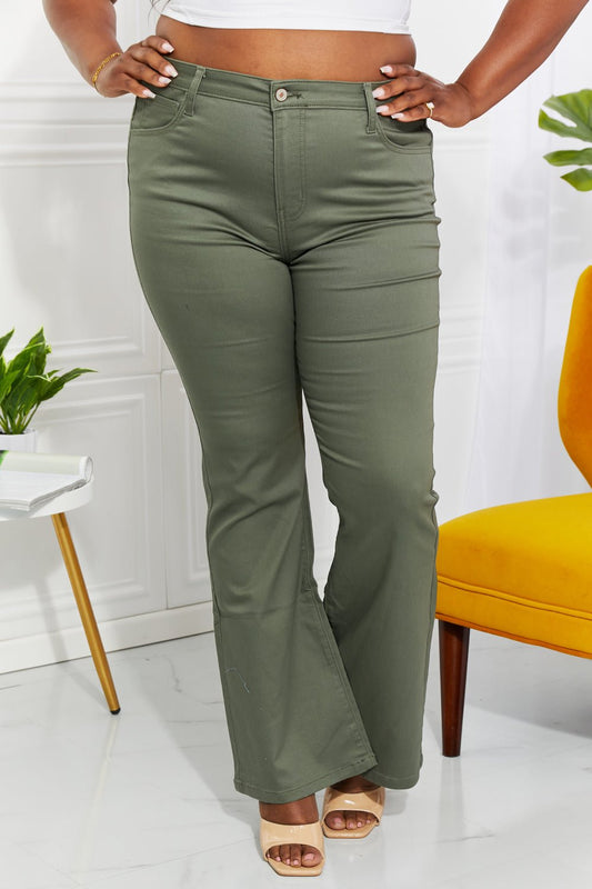 Zenana Clementine Full Size High-Rise Bootcut Jeans in Olive - pvmark